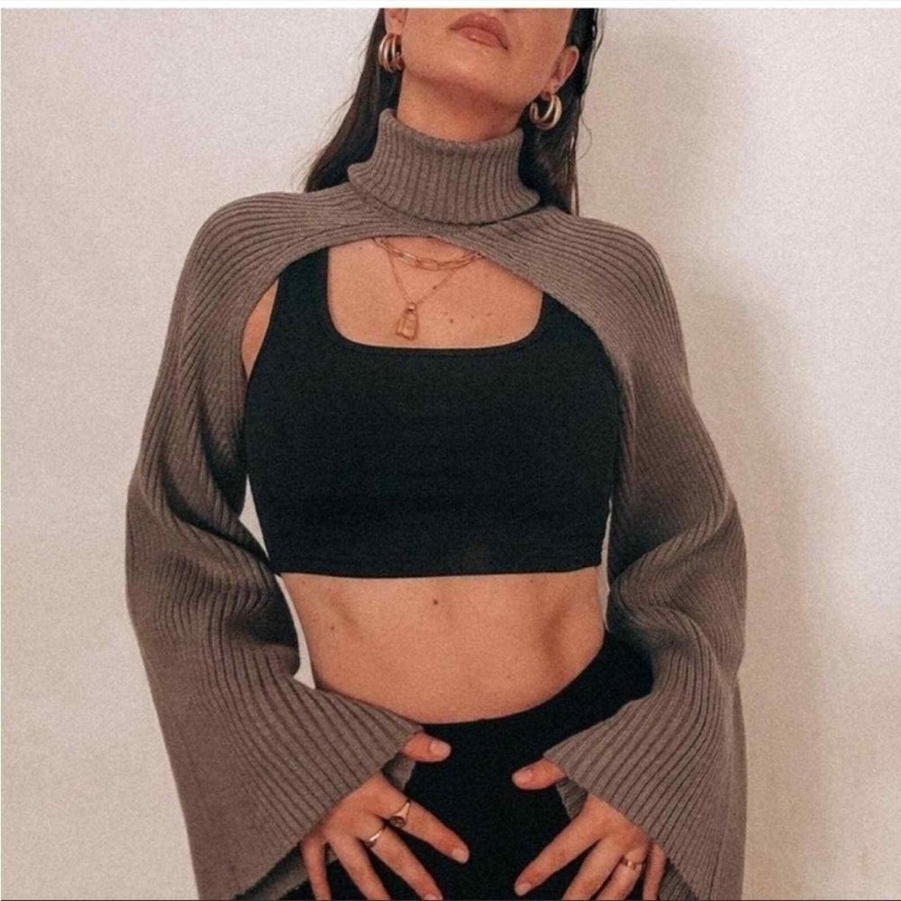 ZARA Ribbed Knit Long Sleeve Arm Warmer Shurg Bolero Turtleneck Sweater M Grey